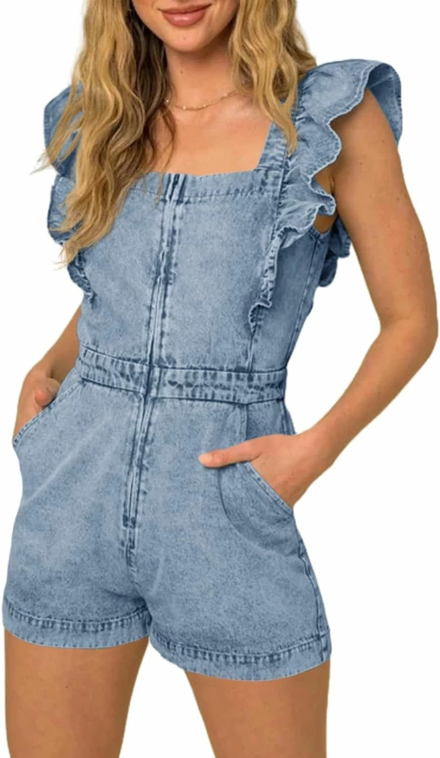PLNOTME Women's Denim Romper - Cute Ruffled Cap Sleeve Jumpsuit with Square Neck and Zip Front