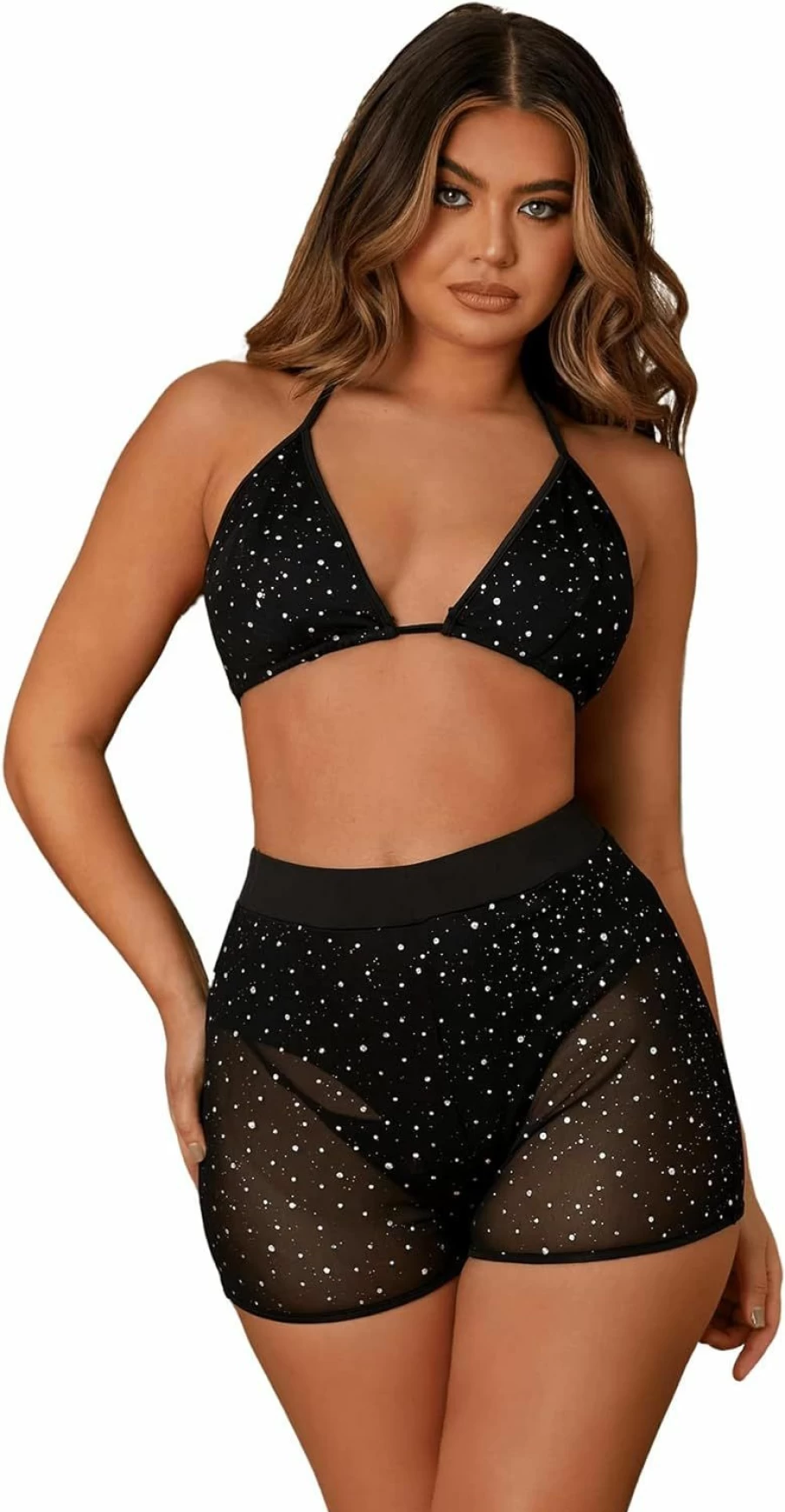 Verdusa Women's Glitter Mesh 2-Piece Set: Sequin Crop Top and High-Waist Shorts Party Outfit