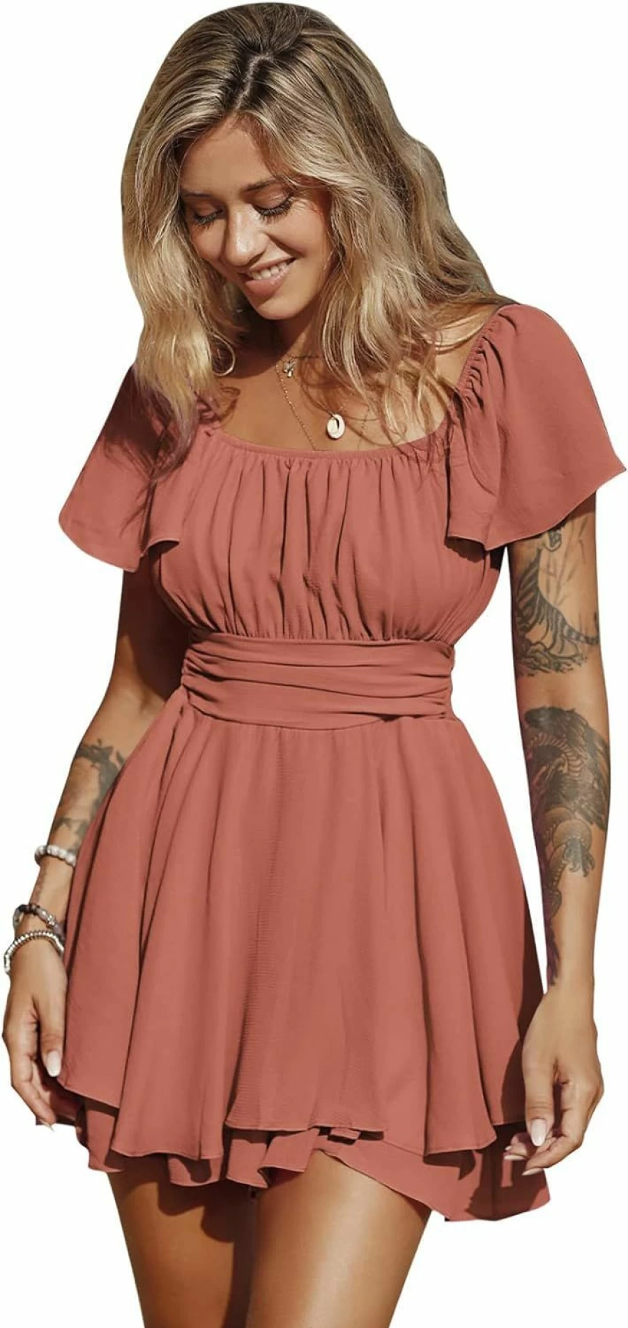EXLURA Women's 2024 Summer Square Neck Ruffle Short Sleeve Tie Back Romper Jumpsuit - A-Line Cute Dressy Shorts Outfit