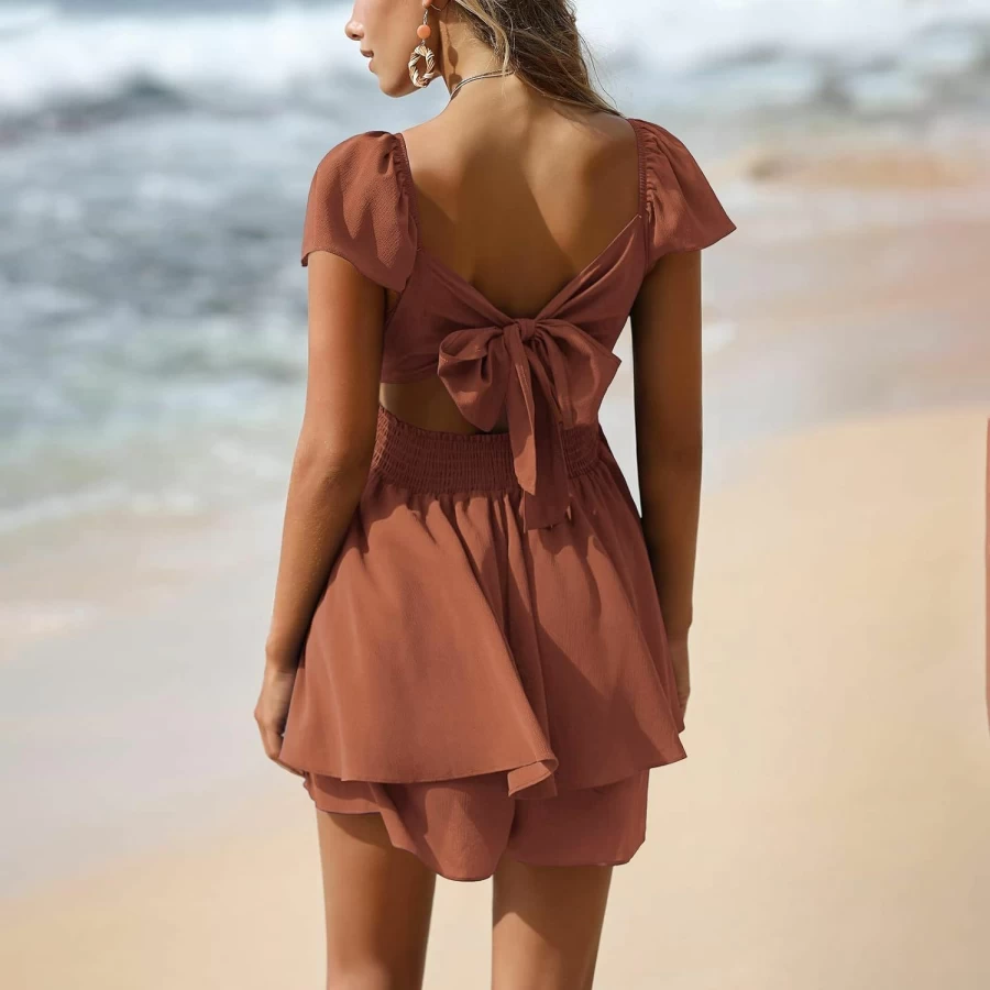 EXLURA Women's 2024 Summer Square Neck Ruffle Short Sleeve Tie Back Romper Jumpsuit - A-Line Cute Dressy Shorts Outfit