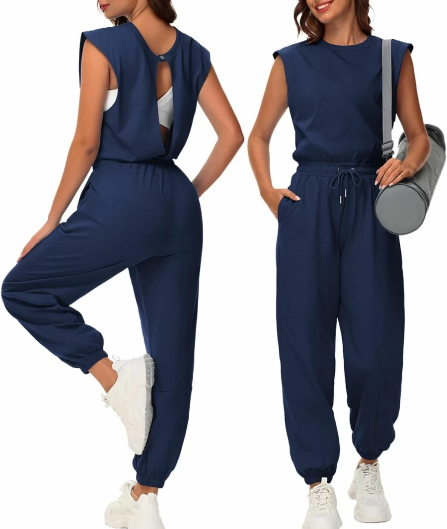 Tanou Women's Casual Sleeveless Jumpsuit with Pockets - Open Back Loose Fit One Piece Romper