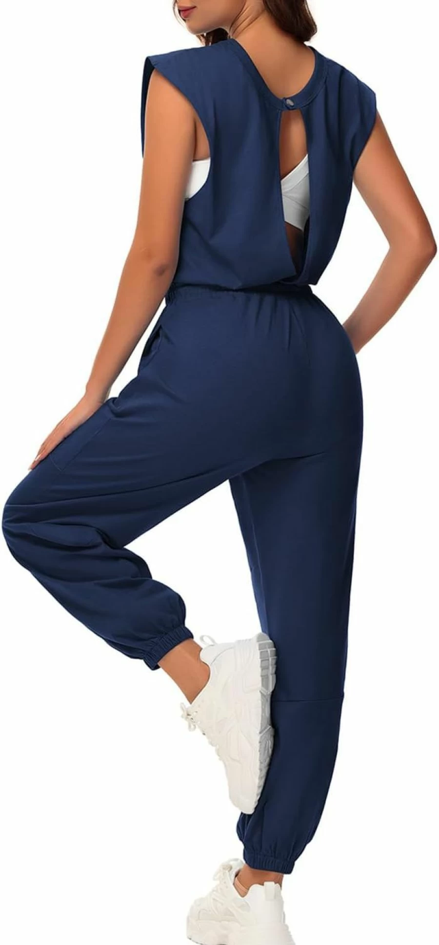 Tanou Women's Casual Sleeveless Jumpsuit with Pockets - Open Back Loose Fit One Piece Romper