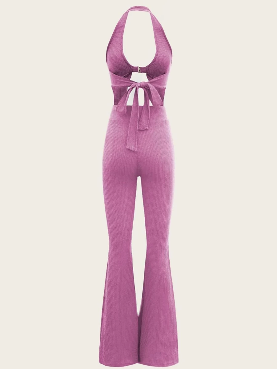 Verdusa Women's Summer 2-Piece Outfit - Stylish Tie-Back Crop Halter Top with High-Waist Wide Leg Pants Set
