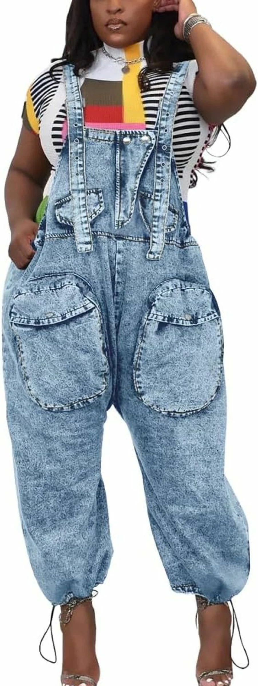 HTD Women's Loose Fit Denim Overalls with Wide Leg & Cargo Pockets - Stylish Jean Jumpsuit for Women