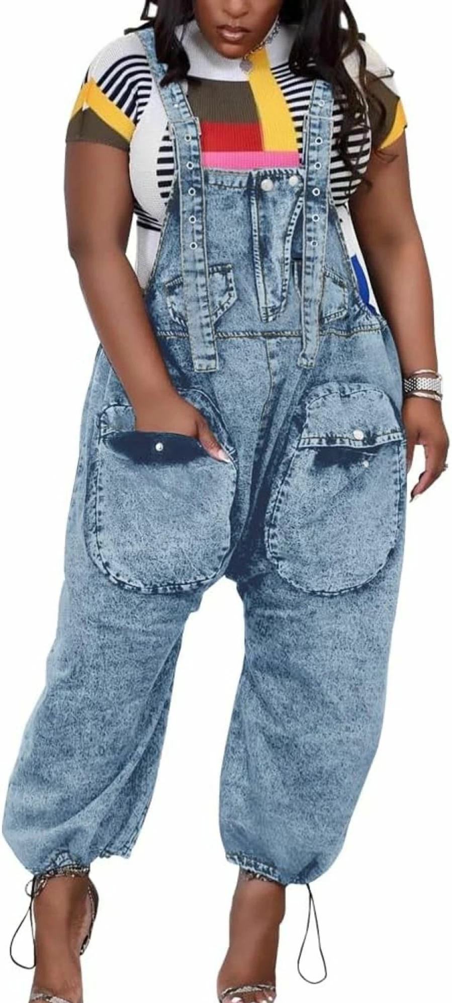 HTD Women's Loose Fit Denim Overalls with Wide Leg & Cargo Pockets - Stylish Jean Jumpsuit for Women