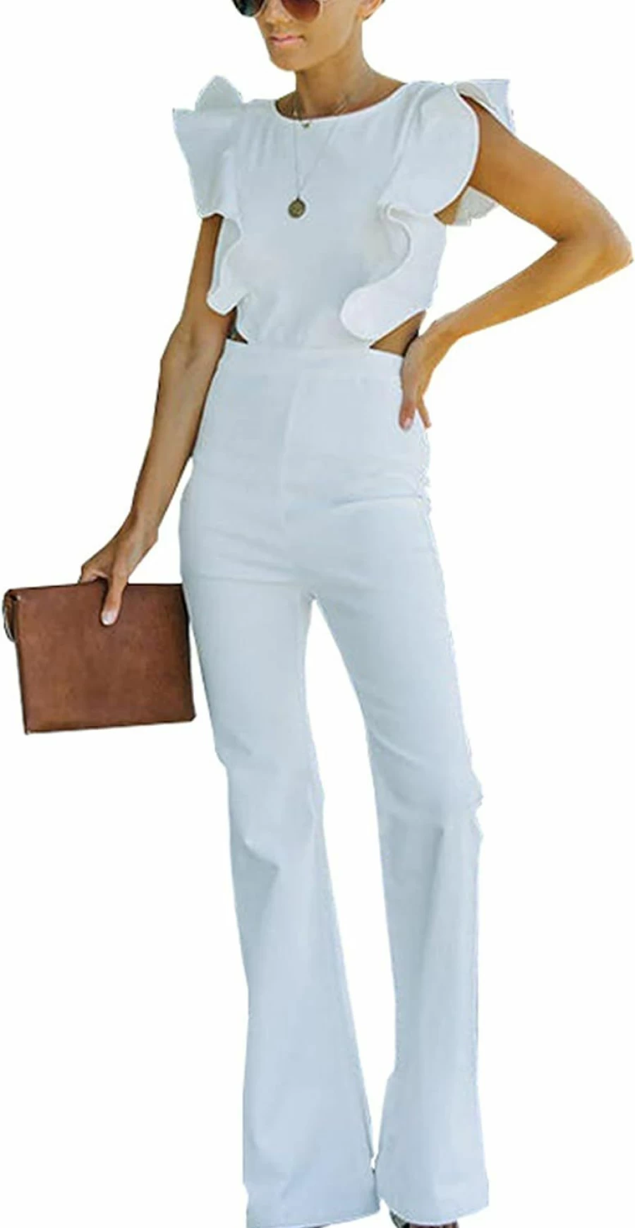 Omoone Women's Backless Flared Denim Jumpsuit with Ruffle Sleeves - Long Romper Jeans Jumper for Women