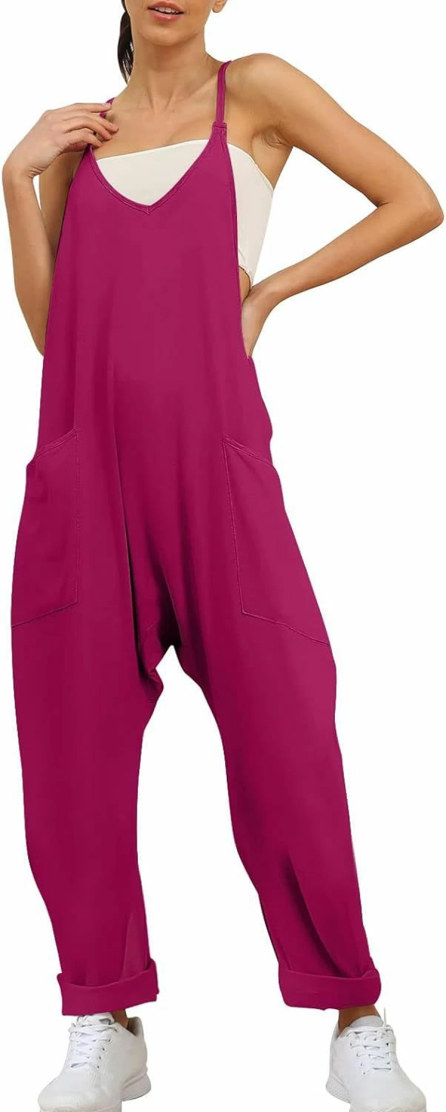 Trendy Queen Women's Sleeveless Jumpsuit Romper - Loose Fit Summer Overalls with Pockets | Casual Baggy Onesie Jumper 2024
