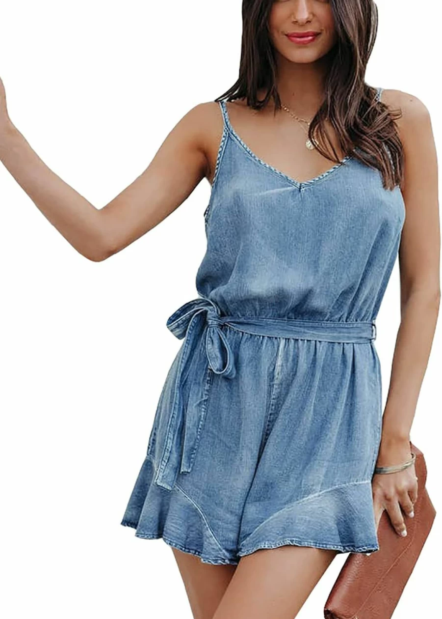 "Glkaend Women's Vintage Denim Jumpsuit - Distressed V-Neck Short Sleeve Romper with Pockets, Wide Leg Summer Jean Overalls"