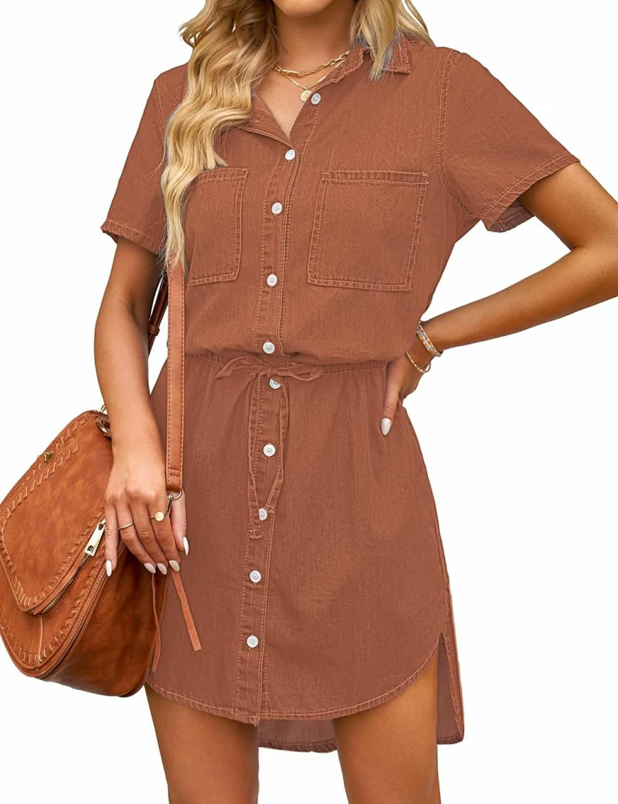 Luvamia Women's Tie Waist Denim Shirt Dress Casual Short Sleeve Jean Dress