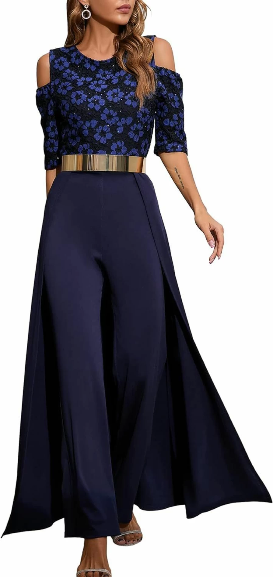 VERWIN Women's High-Waist Patchwork Romper Jumpsuit with Embellished Overlay Design