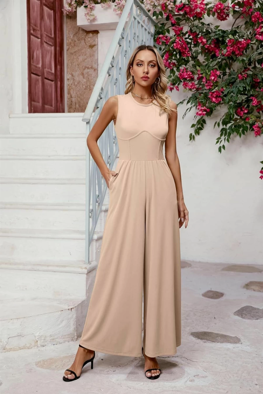 DIRASS Women's Summer Sleeveless Jumpsuit Romper with Pockets - Casual Wide Leg One Piece Outfit