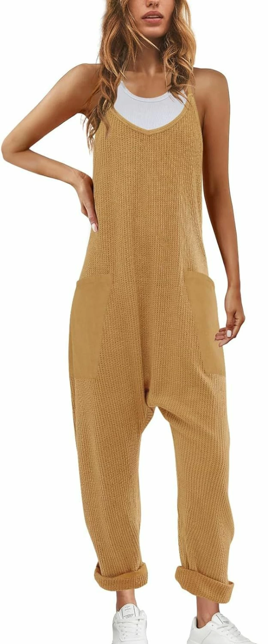 Nirovien Women's Sleeveless Waffle Knit Jumpsuit - Oversized Romper with Pockets, One Piece Fall Overalls for Women