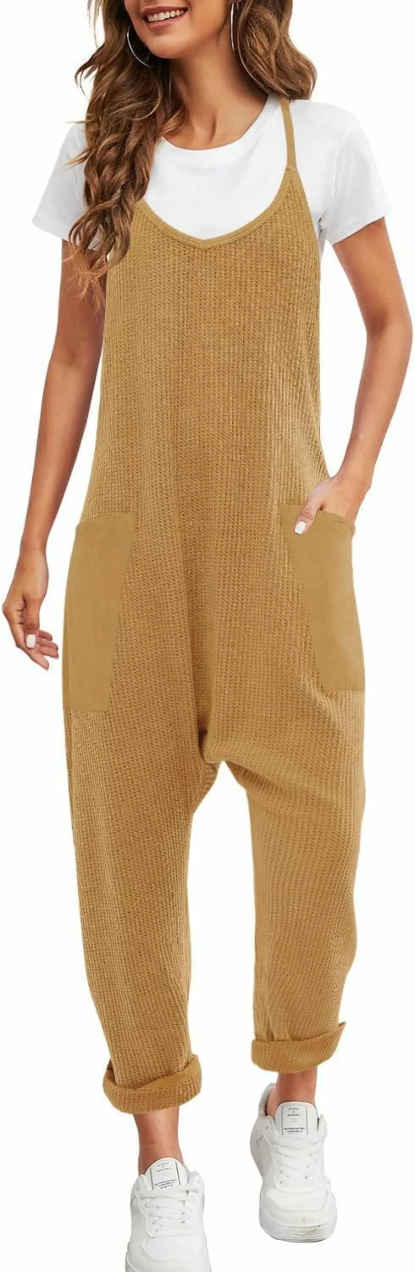 Nirovien Women's Sleeveless Waffle Knit Jumpsuit - Oversized Romper with Pockets, One Piece Fall Overalls for Women