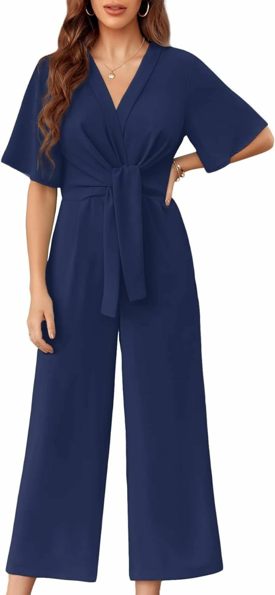GAMISOTE Women's Summer Wide Leg Jumpsuit with Tie Knot Front - Short Sleeve Romper for Casual Outfits