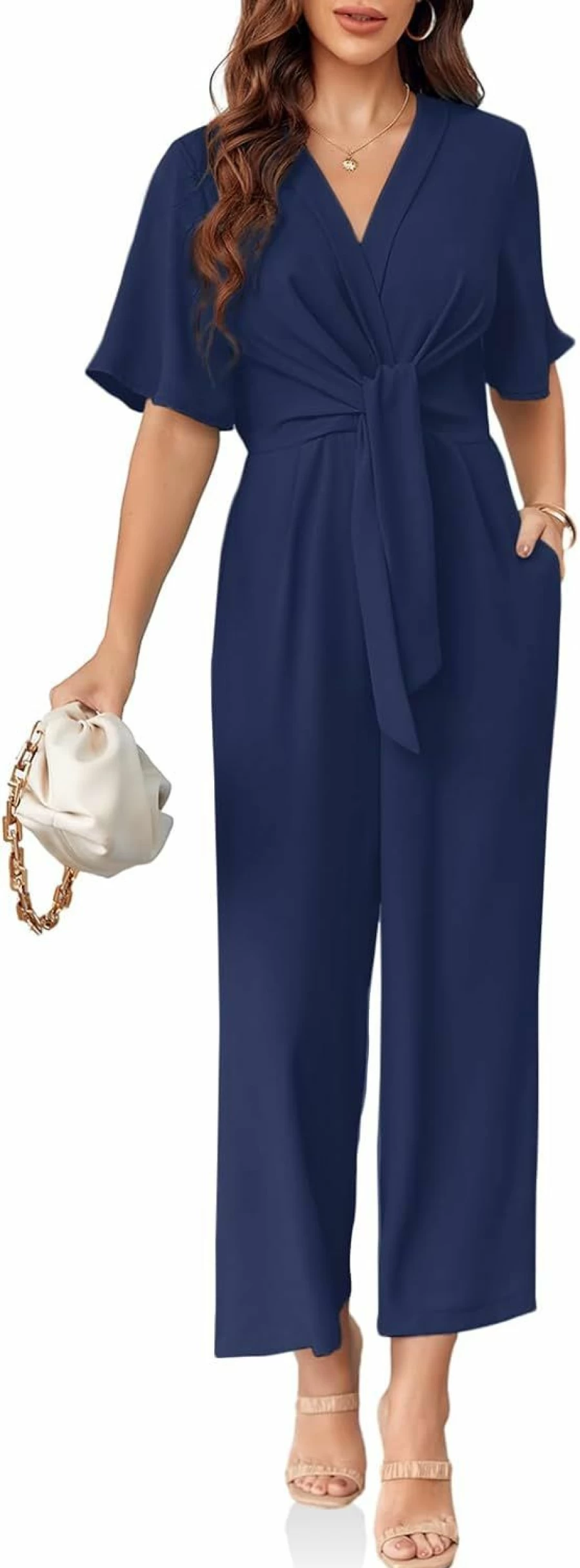 GAMISOTE Women's Summer Wide Leg Jumpsuit with Tie Knot Front - Short Sleeve Romper for Casual Outfits
