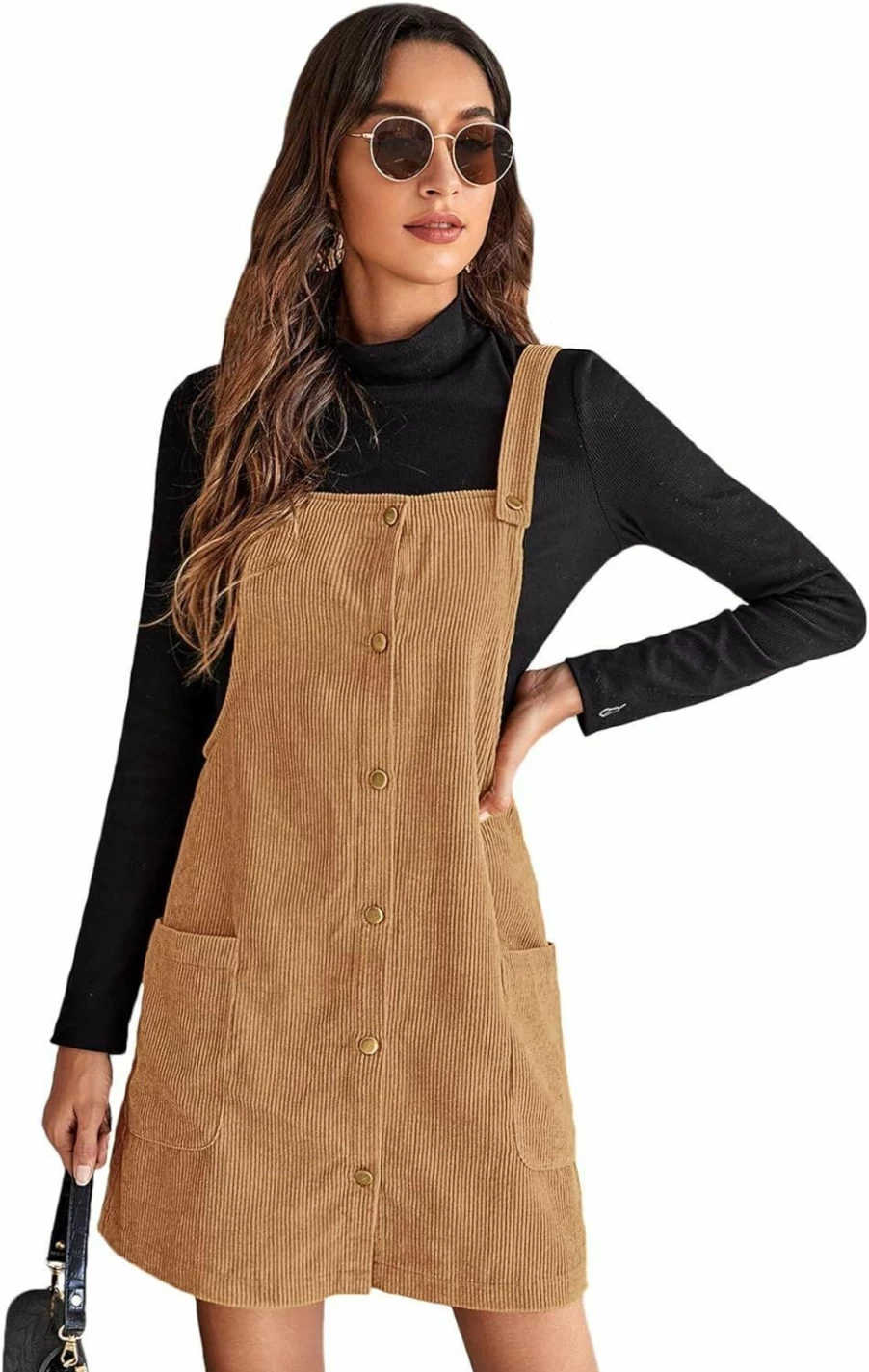 Floerns Women's Corduroy Pinafore Dress with Pockets - Button Down Denim Overalls Jumper