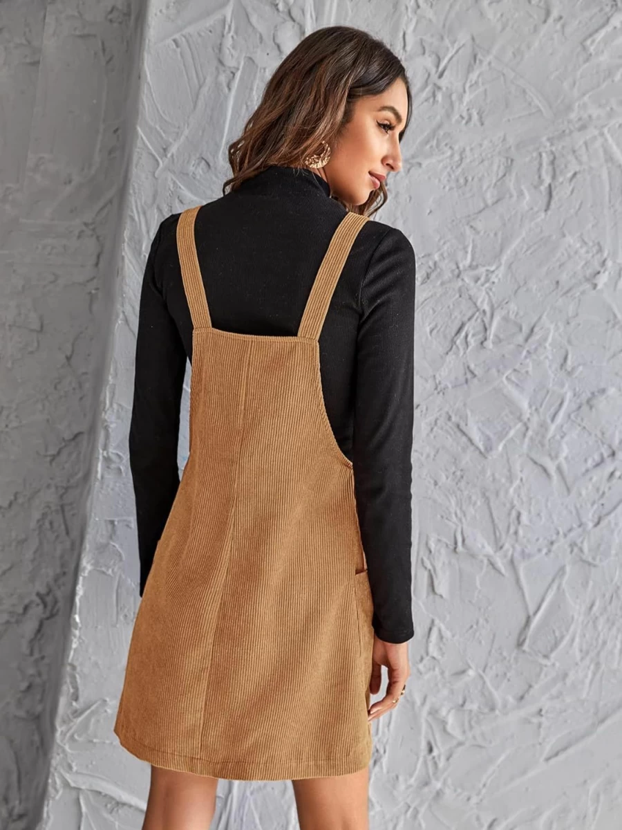 Floerns Women's Corduroy Pinafore Dress with Pockets - Button Down Denim Overalls Jumper