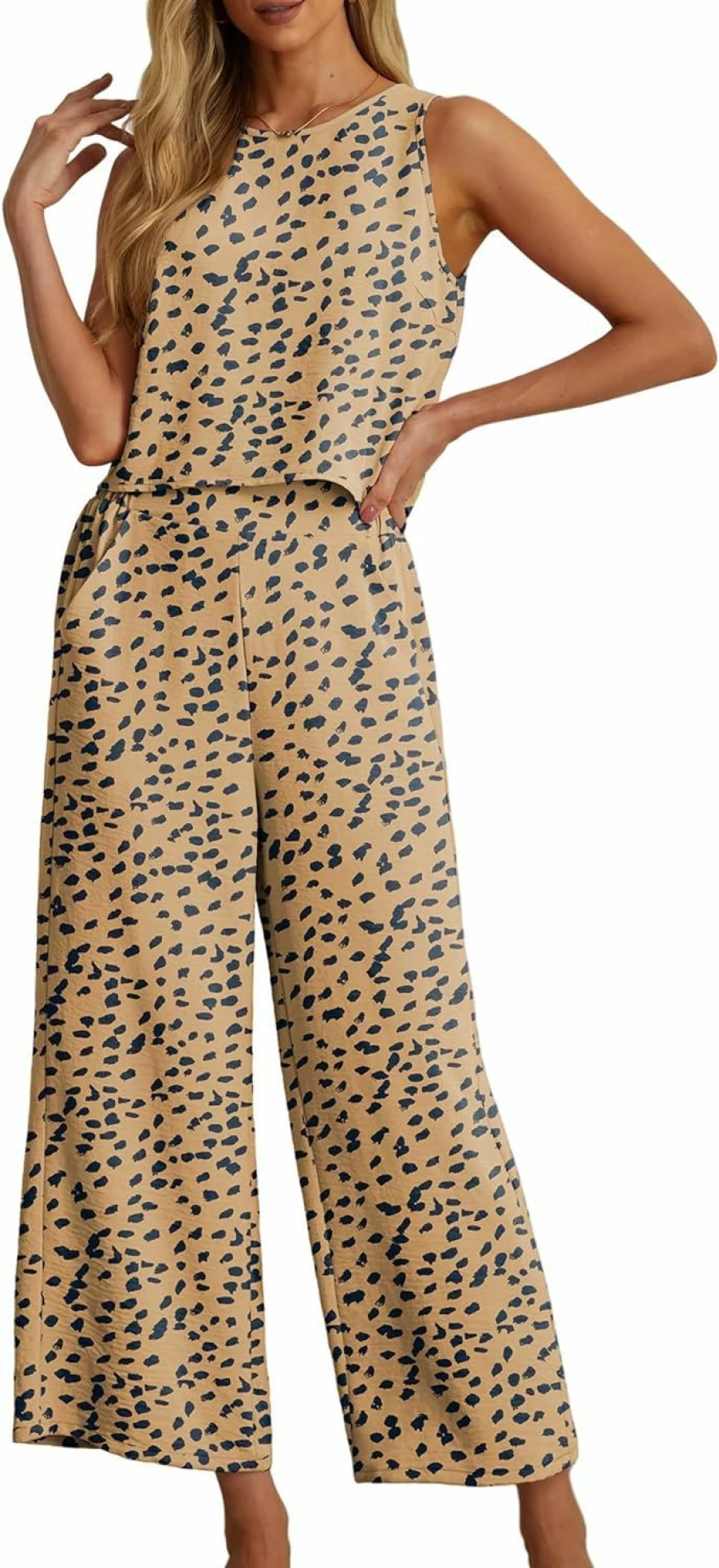 IWOLLENCE Women's Summer 2-Piece Outfit Set - Sleeveless Crop Top & Wide Leg Pants with Pockets, Casual Jumpsuit Alternative