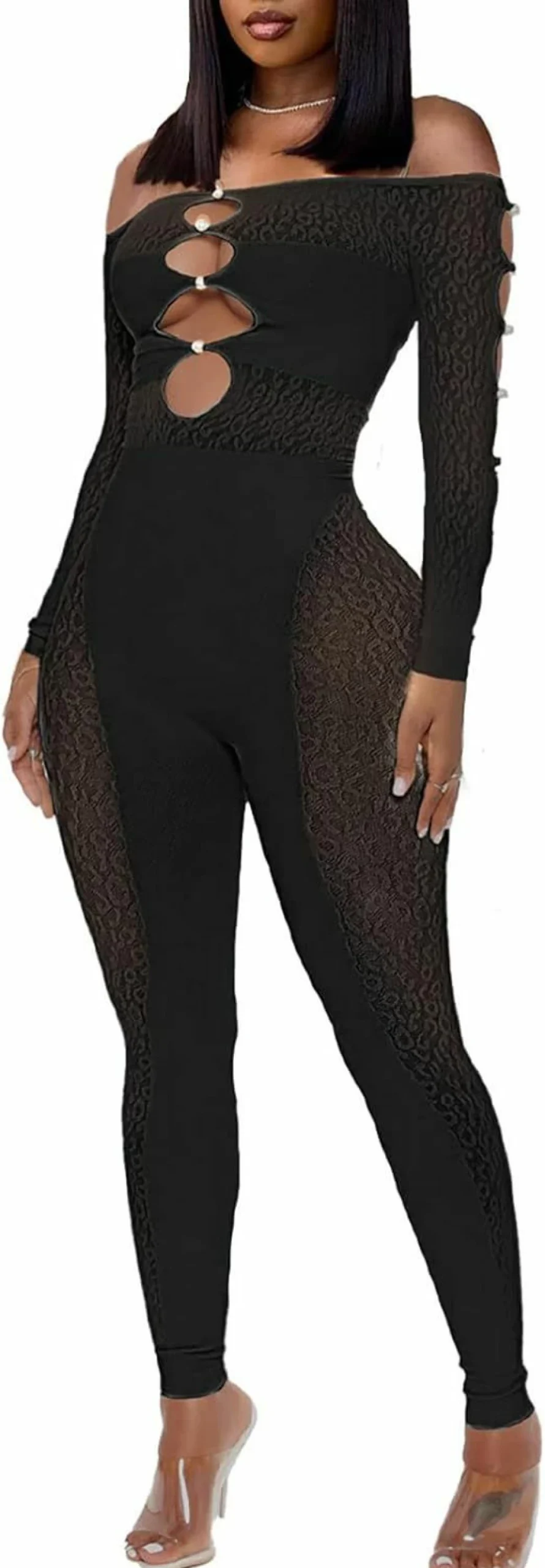SUZONANA Women's Sexy Leopard Print Off-Shoulder Bodycon Jumpsuit with Pearl Buckle Long Sleeve Clubwear See Through Romper