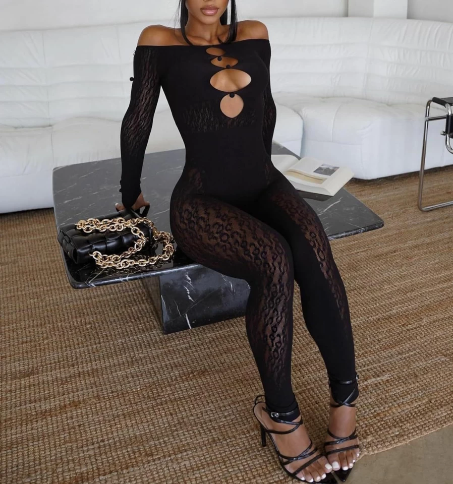 SUZONANA Women's Sexy Leopard Print Off-Shoulder Bodycon Jumpsuit with Pearl Buckle Long Sleeve Clubwear See Through Romper
