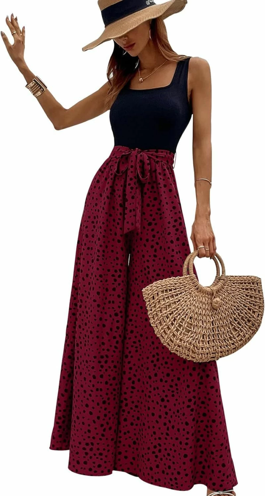 Yajedo Women's Summer Wide Leg Jumpsuit with Belt - Casual Dressy Tank Top Romper for Women