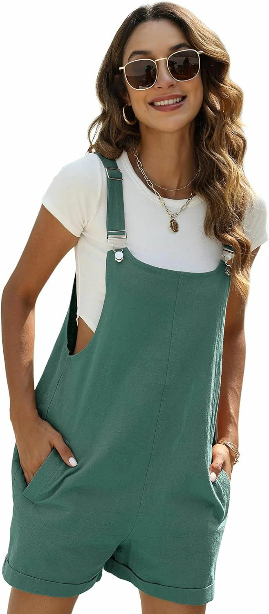 Yeokou Women's Casual Cotton Linen Short Overalls with Pockets - Summer Denim Bib Shorts Jumpsuit Romper