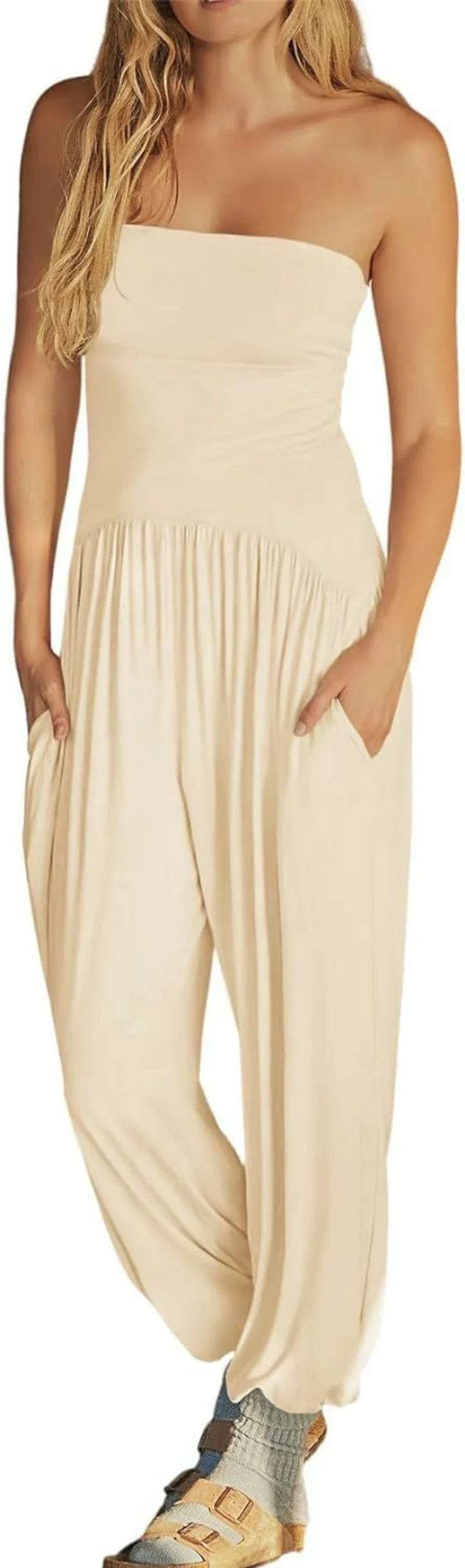 Fisoew Women's Backless Off-Shoulder Jumpsuit - Summer Loose Casual Romper with Pockets Long Pant One Piece
