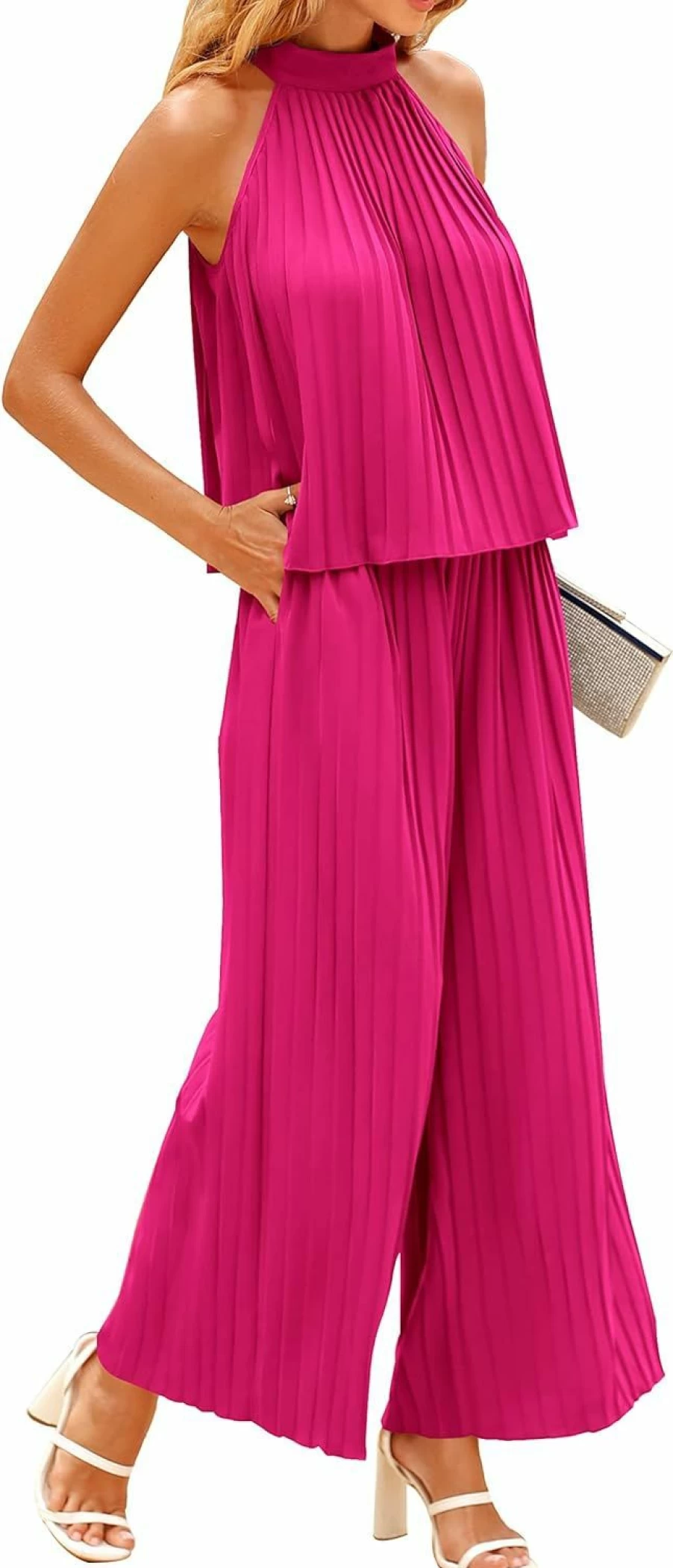 Dowerme Women's 2024 Summer Halter Neck Sleeveless Top & Wide Leg Pant Set - Flowy Tie Back Loose Pleated Suit Outfit