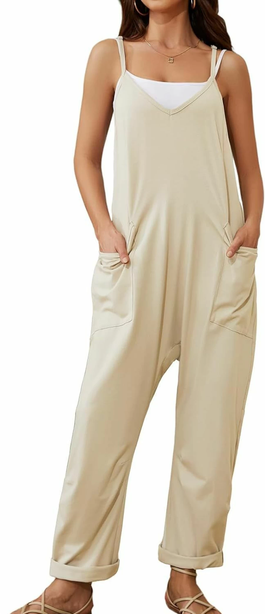 "Jyanl Women's Summer Casual Romper - Loose Sleeveless Jumpsuit with Adjustable Straps, Stretchy Comfort Overalls"