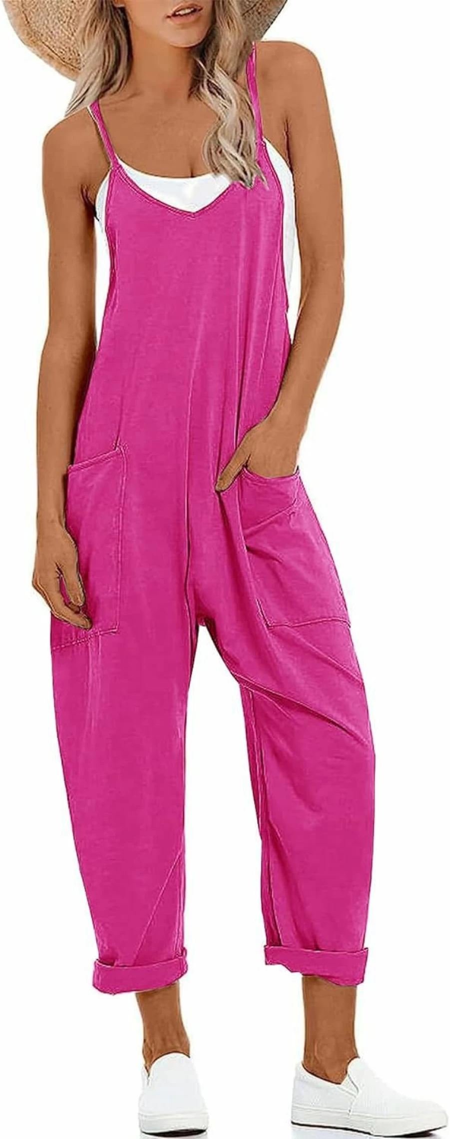 Muchpow Women's Summer V-Neck Sleeveless Jumpsuit with Spaghetti Straps, Harem Pants & Pockets - Casual Romper Overalls for Women