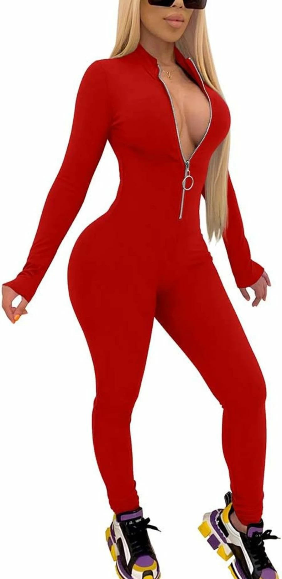 XXTAXN Women's Sexy V-Neck Long Sleeve Zipper Romper Jumpsuit - Bodycon Stretch Fitted One Piece Outfit