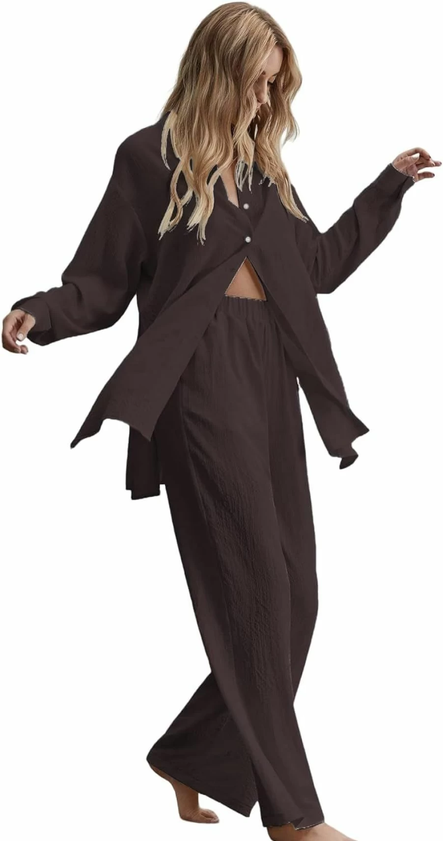 Floerns Women's Elegant 2-Piece Outfit Set - Slit Hem Blouse & Wide Leg Pants for Stylish Comfort