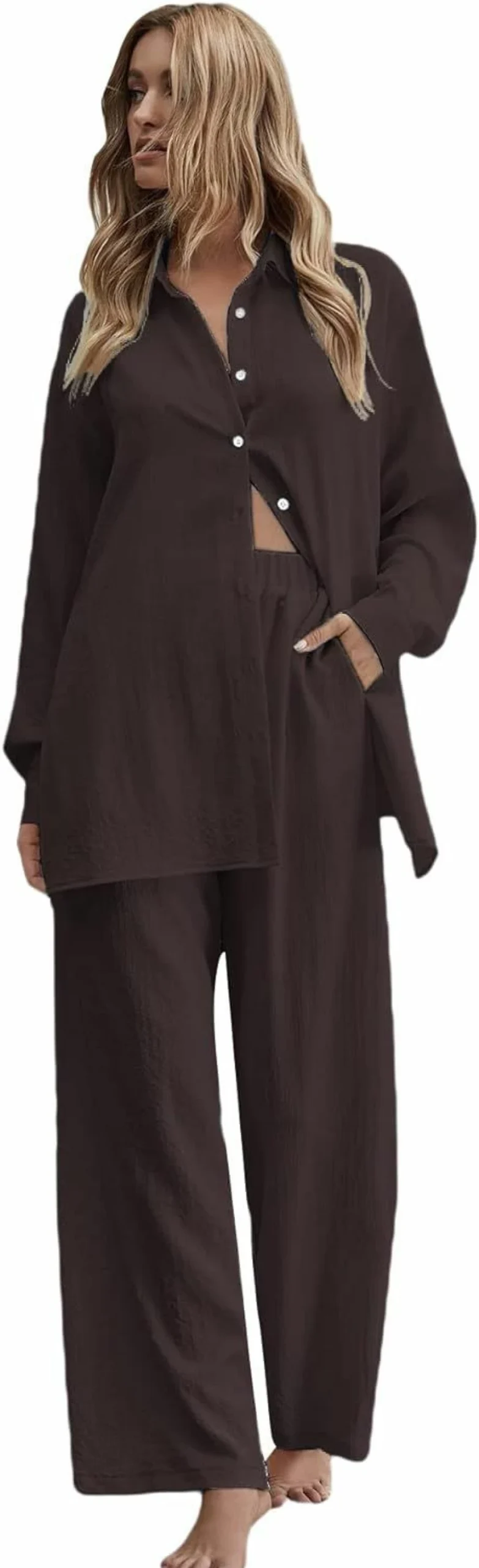 Floerns Women's Elegant 2-Piece Outfit Set - Slit Hem Blouse & Wide Leg Pants for Stylish Comfort