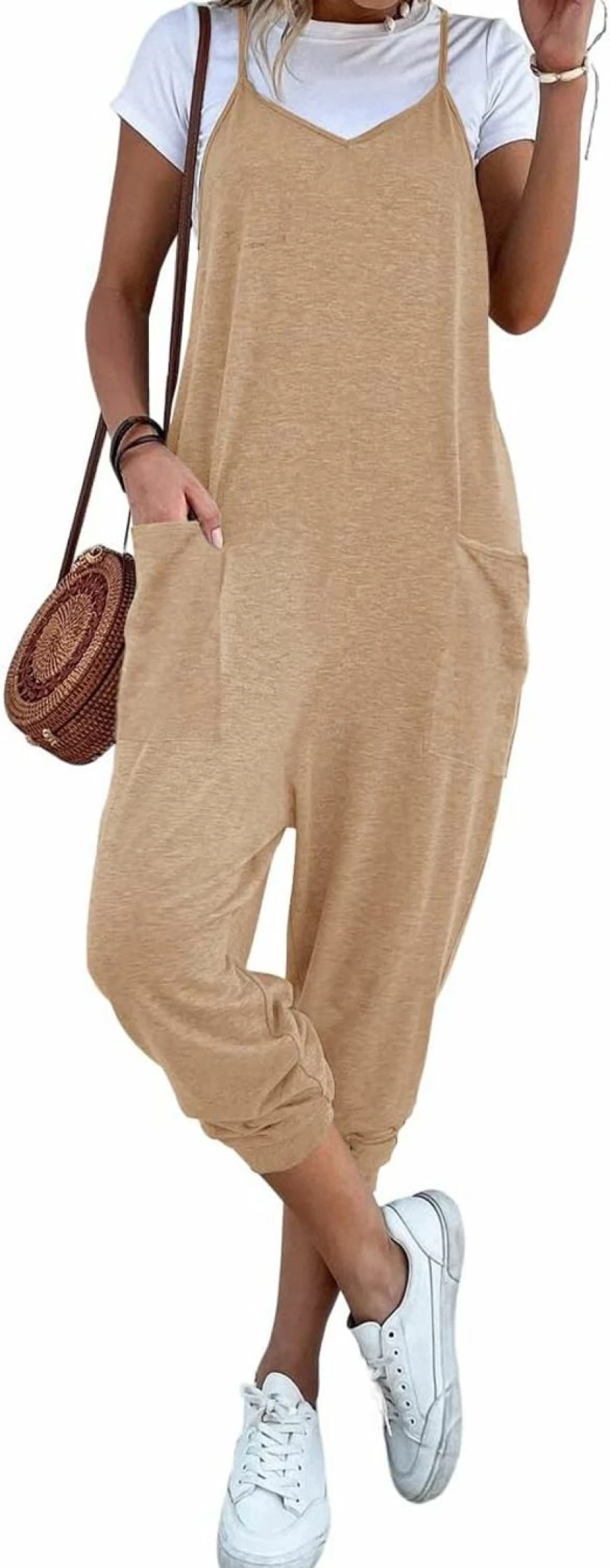 Cnkwei Women's Summer V-Neck Sleeveless Jumpsuit - Adjustable Strap Casual Romper with Wide Leg Pants, Plus Size Overalls Onesie for Beach Vacation
