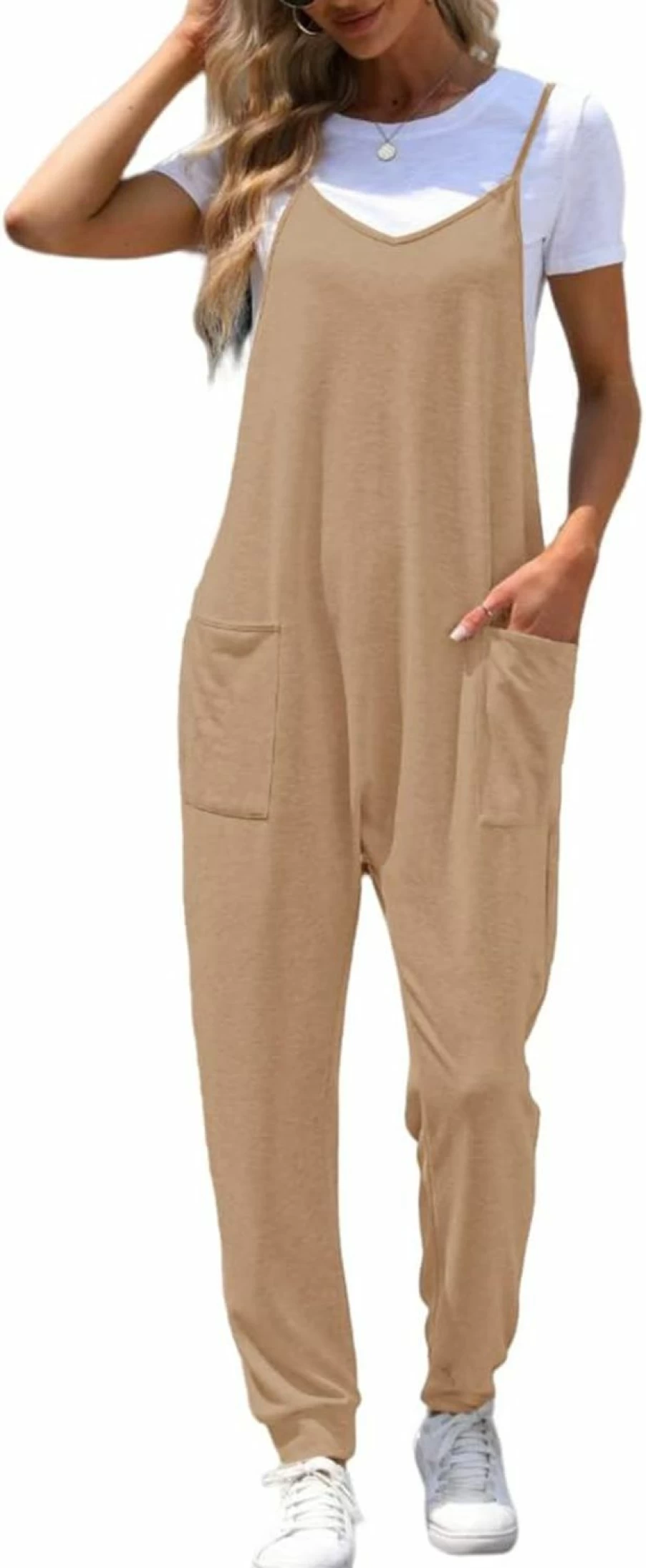 Cnkwei Women's Summer V-Neck Sleeveless Jumpsuit - Adjustable Strap Casual Romper with Wide Leg Pants, Plus Size Overalls Onesie for Beach Vacation