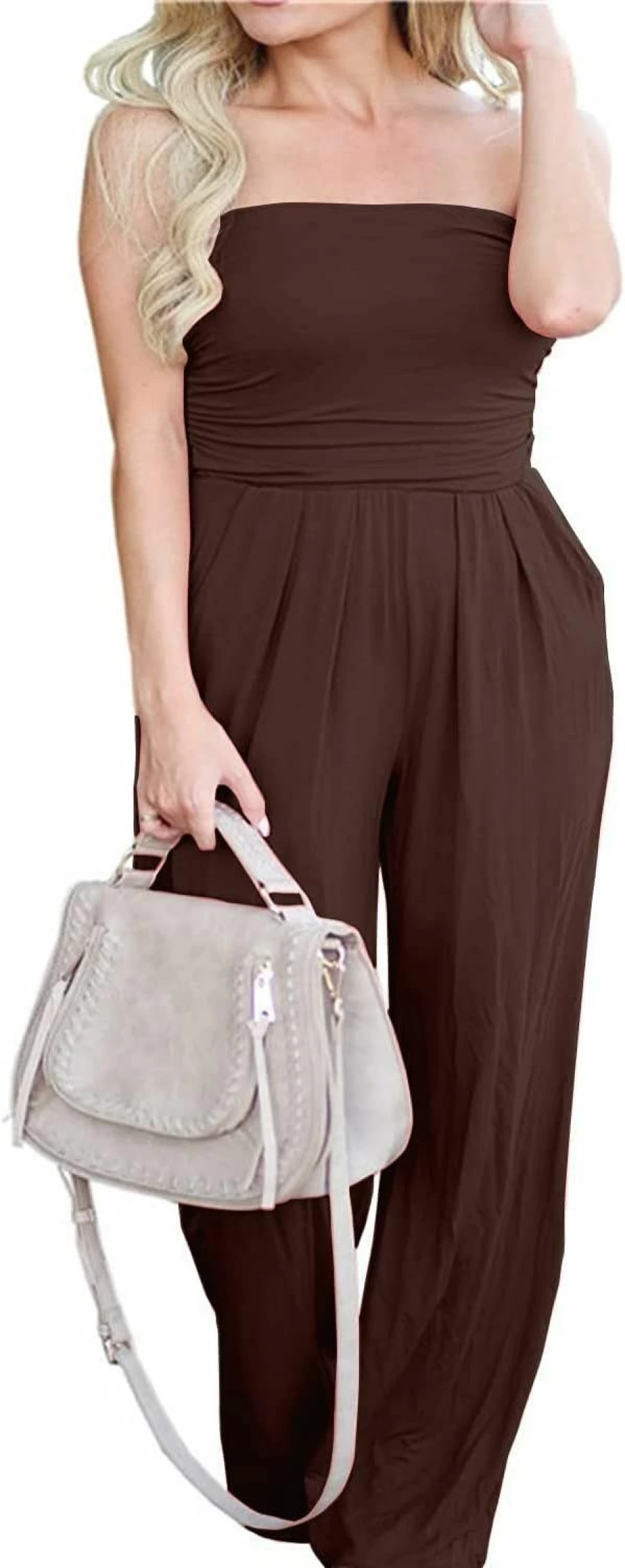 PRIMODA Women's Strapless Jumpsuit Romper with Pockets - Off Shoulder Tube Top & Wide Leg Design