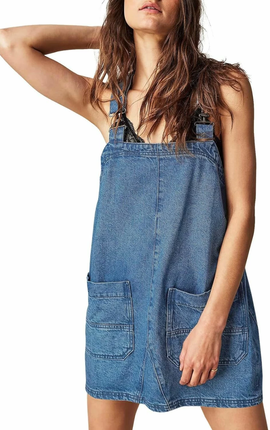 PLNOTME Women's Adjustable Denim Overalls Dress with Pockets - Summer Mini Jean Jumper for Casual Wear