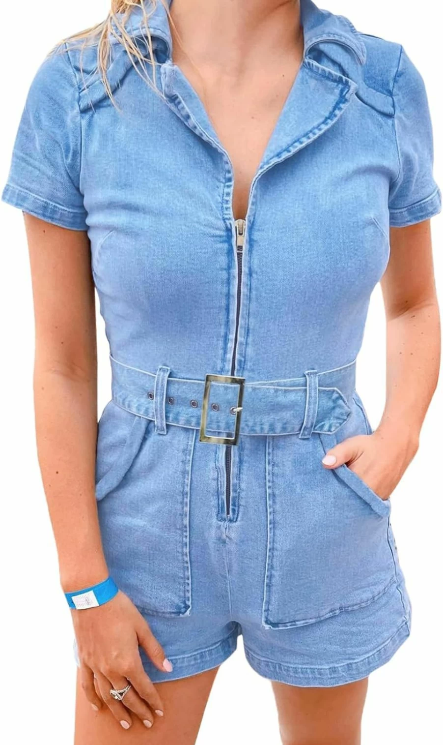 PLNOTME Women's Denim Romper with Belt and Pockets - Summer Zip-Up Short Jumpsuit