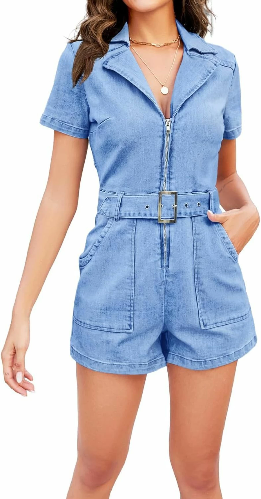 PLNOTME Women's Denim Romper with Belt and Pockets - Summer Zip-Up Short Jumpsuit
