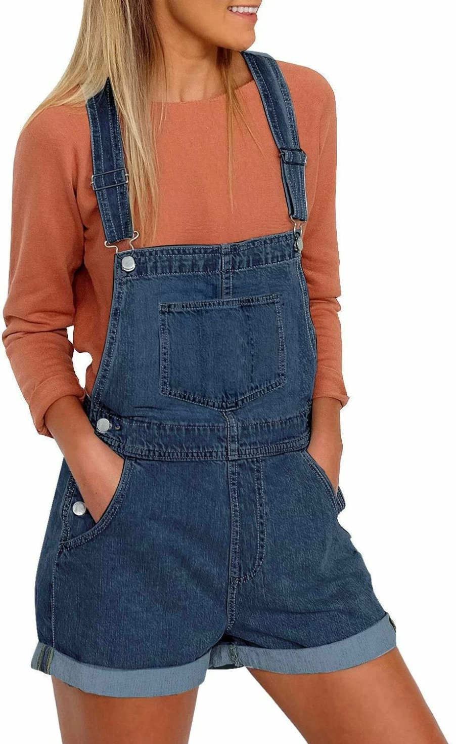 Luvamia Women's Denim Bib Overalls Romper with Adjustable Straps & Cuffed Hem Casual Shorts Jumpsuit