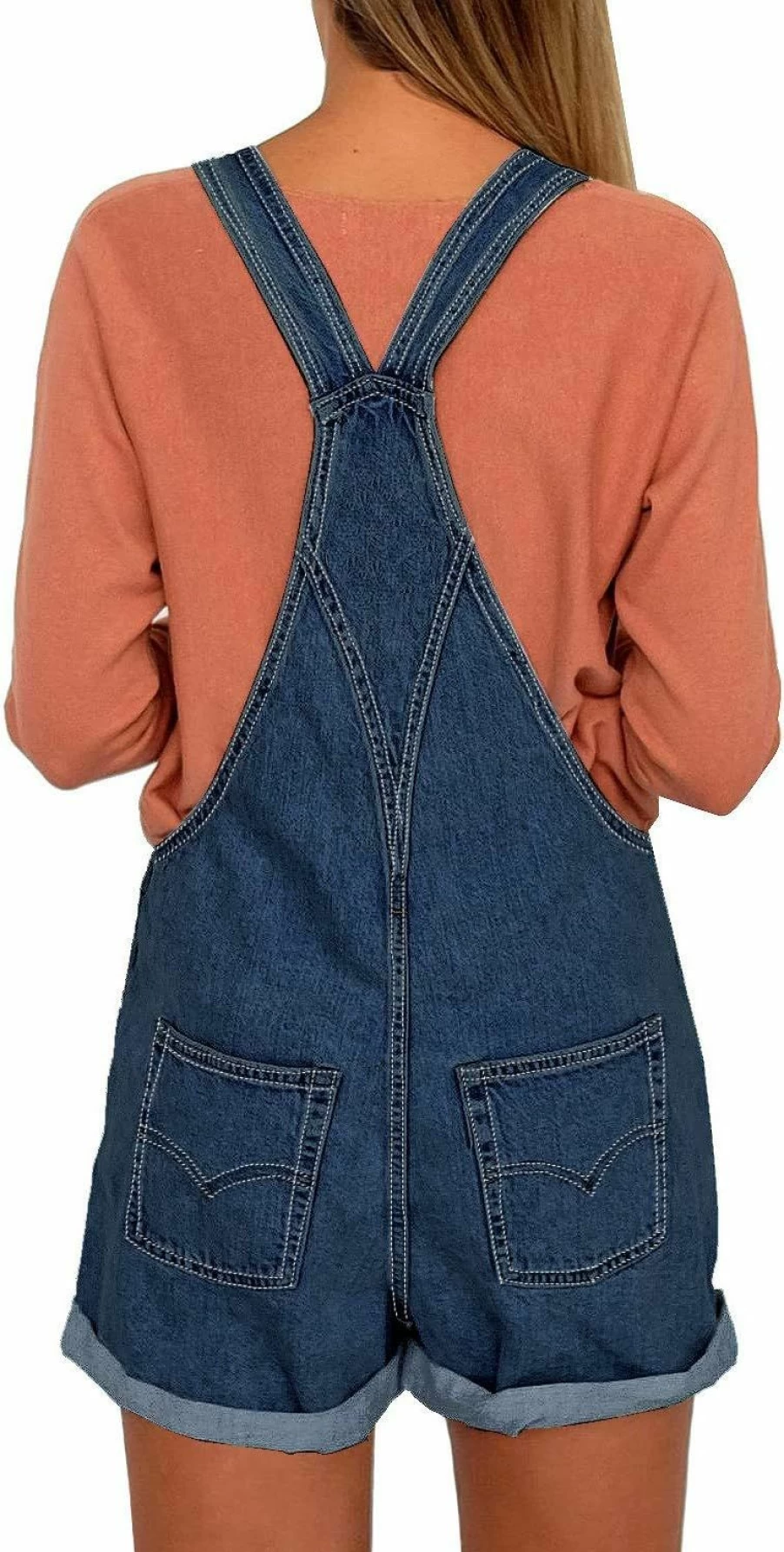 Luvamia Women's Denim Bib Overalls Romper with Adjustable Straps & Cuffed Hem Casual Shorts Jumpsuit