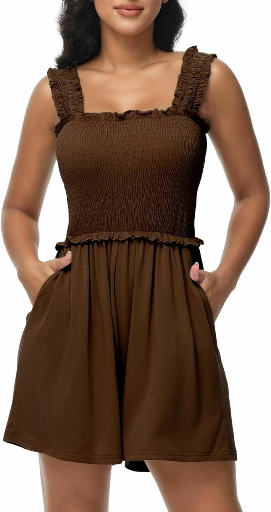 Tanou Women's Summer Smocked Romper - Square Neck Sleeveless Loose Jumpsuit with Pockets for Beach & Casual Outfits