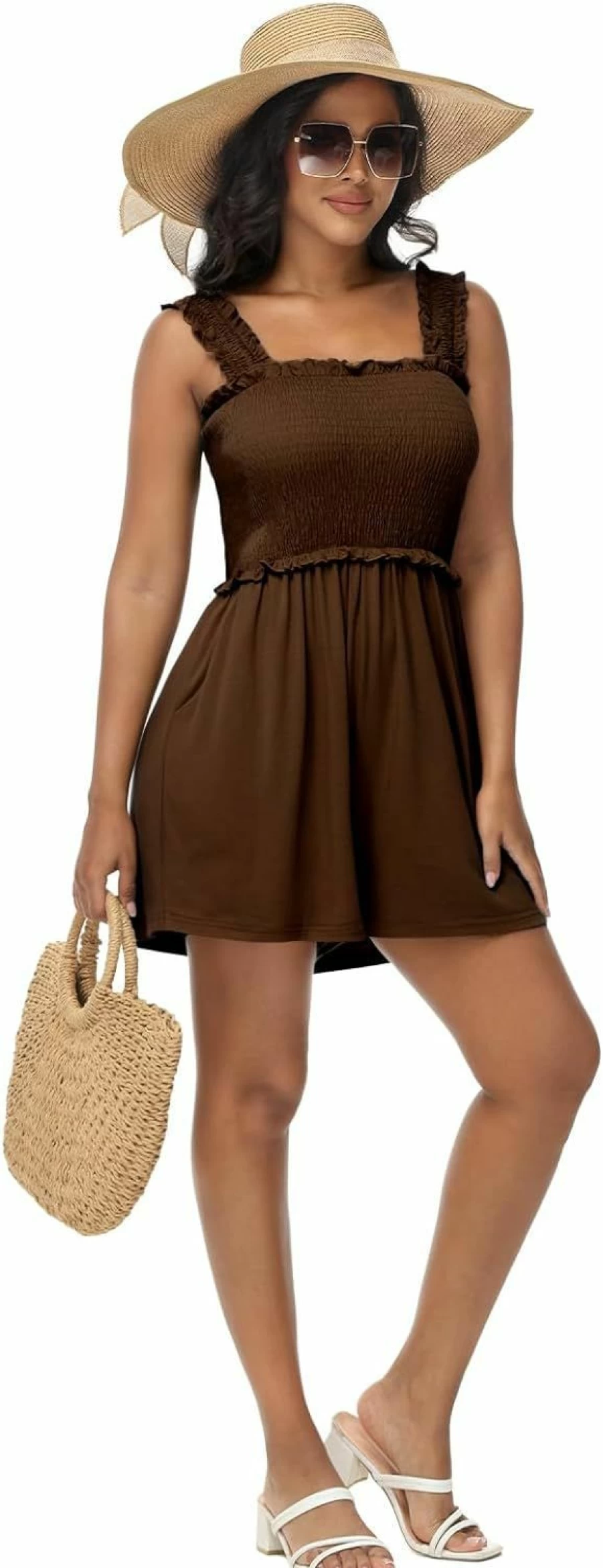 Tanou Women's Summer Smocked Romper - Square Neck Sleeveless Loose Jumpsuit with Pockets for Beach & Casual Outfits