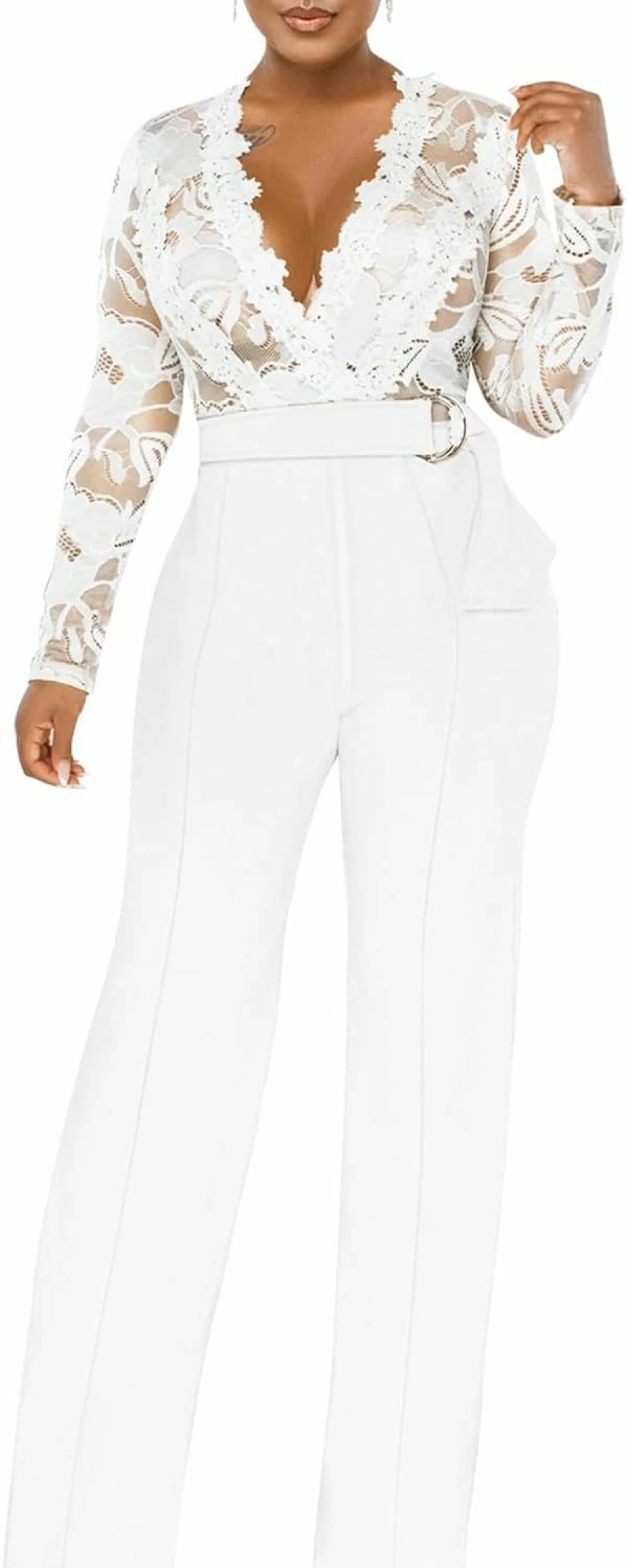 SUZONANA Women's Elegant Lace Slim Jumpsuit with Belt - High Waist Wide Leg Formal Romper Pants for Women