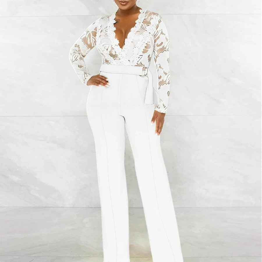 SUZONANA Women's Elegant Lace Slim Jumpsuit with Belt - High Waist Wide Leg Formal Romper Pants for Women