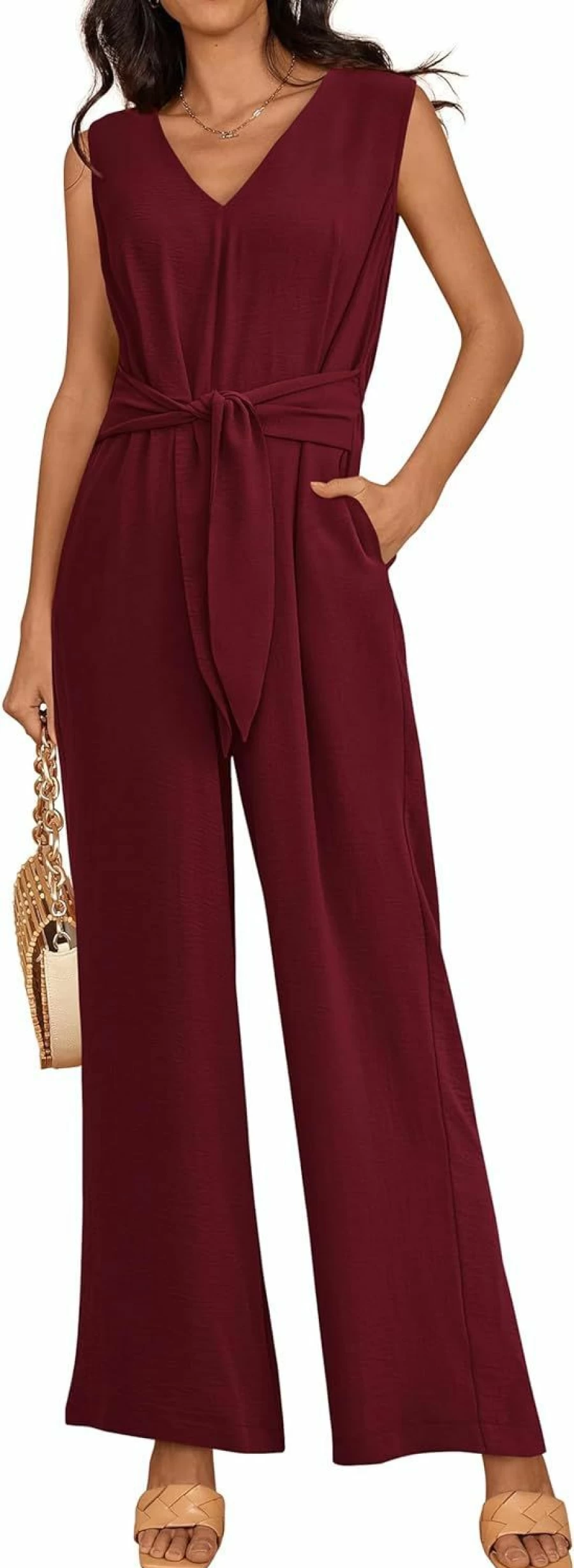 PRETTYGARDEN Women's 2024 Summer Wide Leg Jumpsuit - Casual V-Neck Sleeveless Romper with Belted High Waist Long Pants