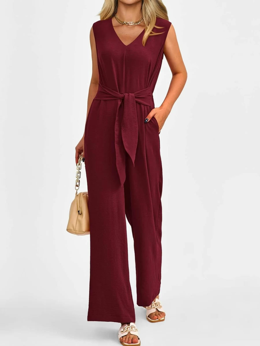 PRETTYGARDEN Women's 2024 Summer Wide Leg Jumpsuit - Casual V-Neck Sleeveless Romper with Belted High Waist Long Pants