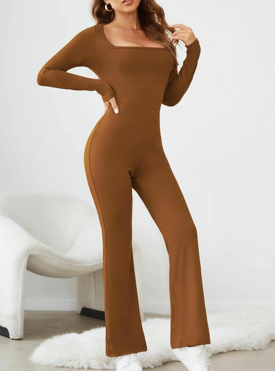 Alealiy Women's Flare Jumpsuit - Long Sleeve Square Neck Bodycon Unitard Playsuit (S-XL) Sexy Elegant Outfit