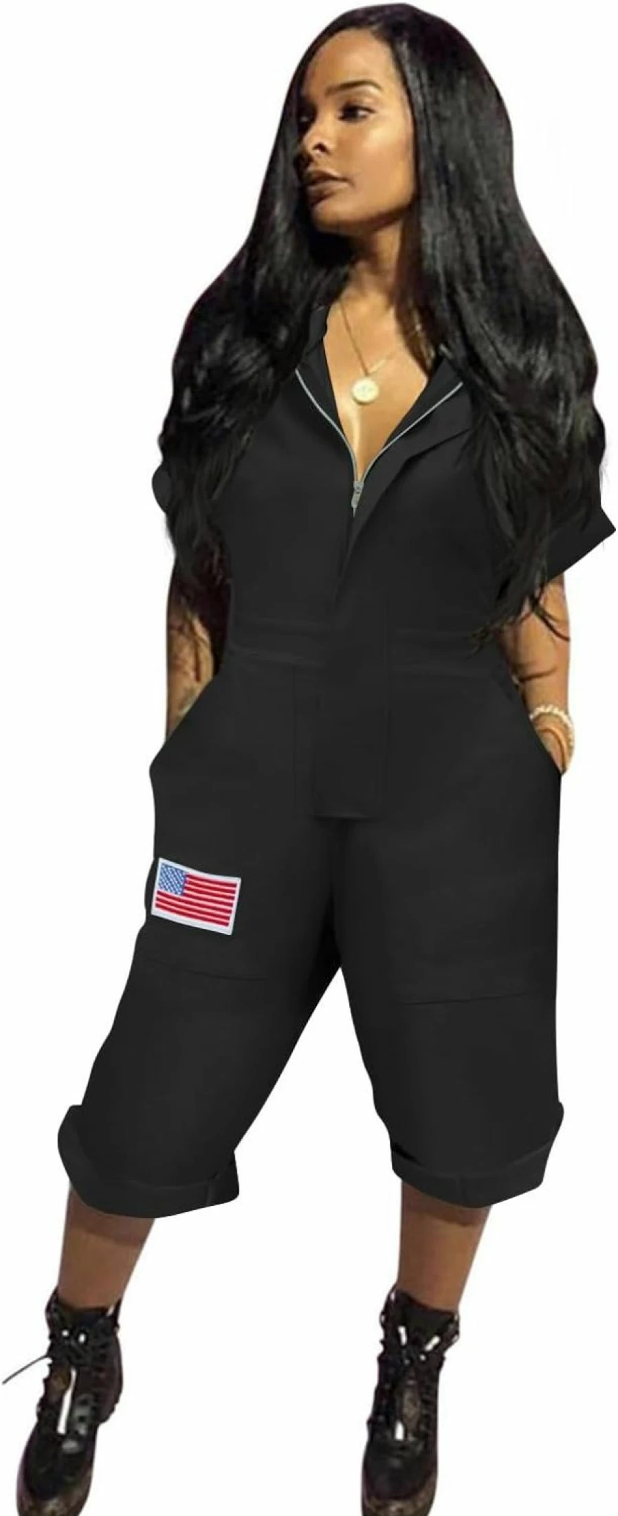 ReachMe Women's Camo Jumpsuit Shorts - 4th of July Patriotic Short Sleeve Romper with Pockets