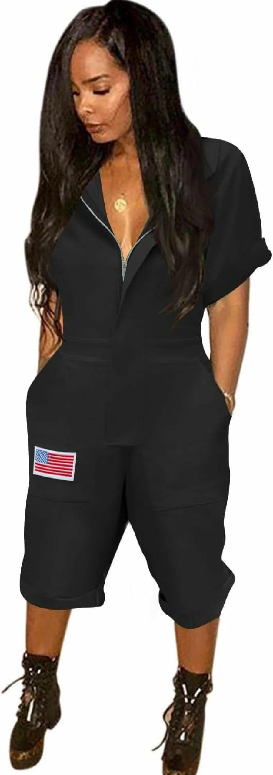 ReachMe Women's Camo Jumpsuit Shorts - 4th of July Patriotic Short Sleeve Romper with Pockets